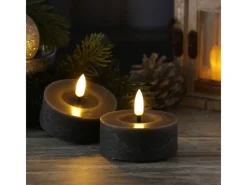 MARELIDA Kerzen^LED Maxi Teelichter Lina Rustik Optik Flackernd Echtwachs D 7cm Grau 2 Stück