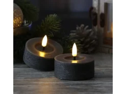 MARELIDA Kerzen^LED Maxi Teelichter Lina Rustik Optik Flackernd Echtwachs D 7cm Grau 2 Stück