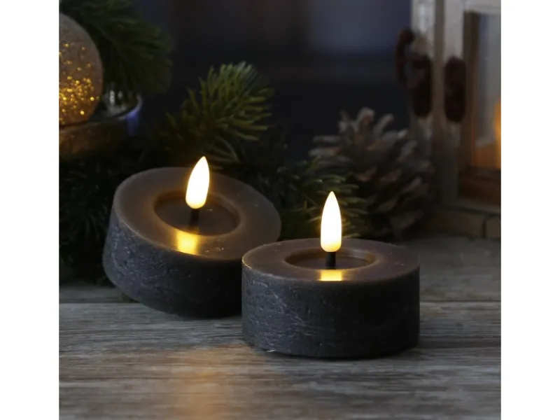 MARELIDA Kerzen^LED Maxi Teelichter Lina Rustik Optik Flackernd Echtwachs D 7cm Grau 2 Stück