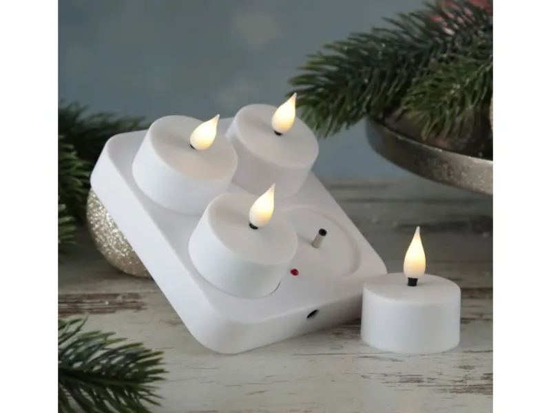 MARELIDA LED Teelichter 4 Stück Mit Ladestation USB Wiederaufladbar D 4cm Flackernd Weiß