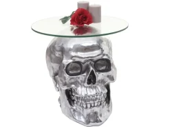 MCW Tische^Beistelltisch Totenkopf A19 Polyresin Glastisch Wohnzimmertisch Silber 52x55x55cm