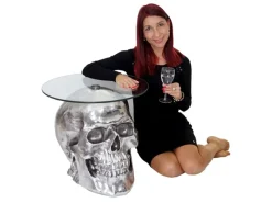 MCW Tische^Beistelltisch Totenkopf A19 Polyresin Glastisch Wohnzimmertisch Silber 52x55x55cm