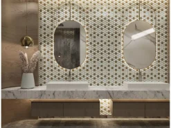 Mosaik^Mosaikmatte Ebru Hexagon Glas Weiß Gold 29 cm x 29 cm