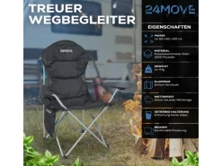 24Move Stühle^Campingstuhl faltbar Klappstuhl gepolstert inkl. Tragetasche - 150kg - schwarz