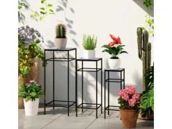 Outsunny Dekorative Figuren^Blumenständer-Set Metall Fliesen Blau 28L x 28B x 71H cm