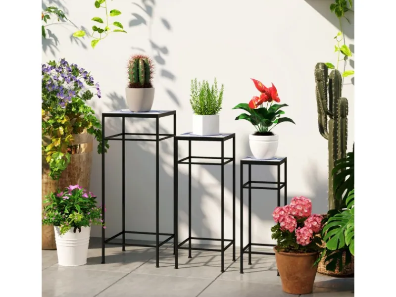 Outsunny Dekorative Figuren^Blumenständer-Set Metall Fliesen Blau 28L x 28B x 71H cm