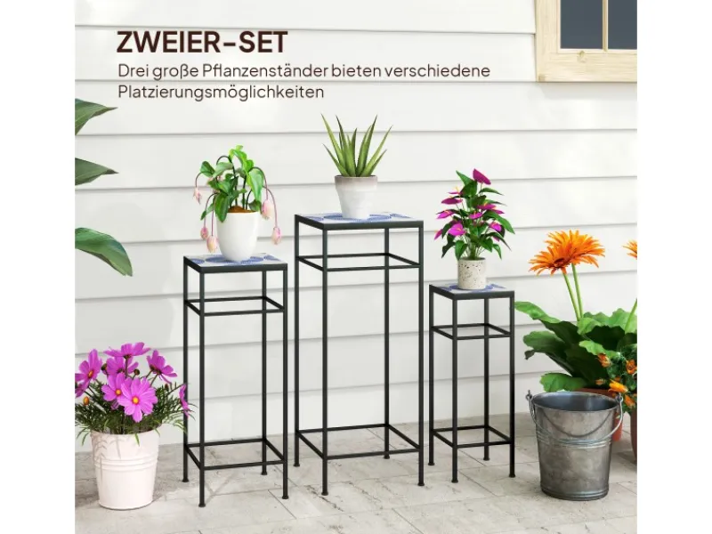 Outsunny Dekorative Figuren^Blumenständer-Set Metall Fliesen Blau 28L x 28B x 71H cm