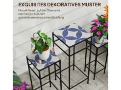 Outsunny Dekorative Figuren^Blumenständer-Set Metall Fliesen Blau 28L x 28B x 71H cm