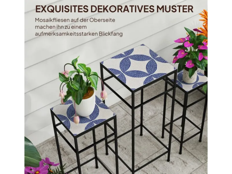 Outsunny Dekorative Figuren^Blumenständer-Set Metall Fliesen Blau 28L x 28B x 71H cm
