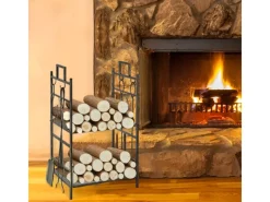 Outsunny Regale Schwarz|Holzregale^Kaminholzständer mit Kaminbesteck 51,5x33x77 cm