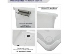 PROREGAL Aufbewahrung^Aufbewahrungsbox Mit Deckel 45L 4er Set Groß Rollen Transparent Stapelbar Kunststoffbox Verschlussclips Stapelbox Aufbewahrungsbehälter