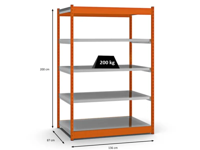 PROREGAL Büroregale^Fachbodenregal Stecksystem Vierkant-Profil Grundregal HxBxT 200 x 132,5 x 80 cm 5 Ebenen Einseitige Bauart Fachlast 200 kg