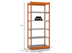 PROREGAL Fachbodenregal Stecksystem Vierkant-Profil Grundregal HxBxT 250 x 102,5 x 50 cm 6 Ebenen Einseitige Bauart Fachlast 200 kg