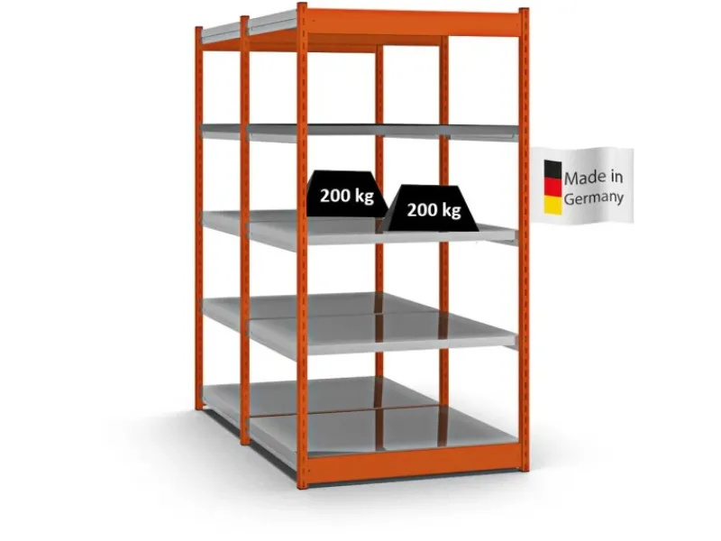 PROREGAL Büroregale^Fachbodenregal Stecksystem Vierkant-Profil Grundregal HxBxT 200 x 102,5 x 80 cm 2x5 Ebenen Doppelseitige Bauart Fachlast 200 kg