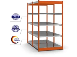 PROREGAL Büroregale^Fachbodenregal Stecksystem Vierkant-Profil Grundregal HxBxT 200 x 102,5 x 80 cm 2x5 Ebenen Doppelseitige Bauart Fachlast 200 kg