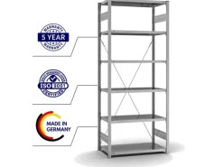 PROREGAL Büroregale^Fachbodenregal Stecksystem T-Profil Light-Duty Grundregal HxBxT 250 x 100 x 50 cm 6 Ebenen Fachlast 140 kg Einseitig Nutzbar