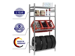 PROREGAL Weitere Regale^Getränkekisten- & Reifenregal Chiemsee Tire Made in Germany HxBxT 200 x 106 x 43,5 cm 3 Kisten auf 1 Ebene & 4 Reifen & 2 Boards Verzinkt