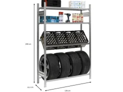 PROREGAL Getränkekisten- & Reifenregal Chiemsee Tire Made in Germany HxBxT 200 x 136 x 43,5 cm 4 Kisten auf 1 Ebene & 4 Reifen & 2 Boards Verzinkt