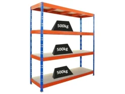 PROREGAL Regalsysteme^Profi Schwerlastregal Rhino HxBxT 200x200x60cm 4 Spanplatten-Ebenen 16mm Fachlast 500kg Blau/Orange Stecksystem Lagerregal Steckregal