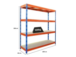 PROREGAL Regalsysteme^Profi Schwerlastregal Rhino HxBxT 200x200x60cm 4 Spanplatten-Ebenen 16mm Fachlast 500kg Blau/Orange Stecksystem Lagerregal Steckregal