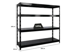 PROREGAL Regale Schwarz|Metallregale^Profi Schwerlastregal Rhino HxBxT 180x200x60cm 4 Stahlplatten-Ebenen Fachlast 500kg Schwarz Stecksystem Lagerregal Regalsystem