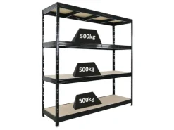 PROREGAL Regale Schwarz|Metallregale^Profi Schwerlastregal Rhino HxBxT 200x200x60cm 4 Spanplatten-Ebenen 8mm Fachlast 500kg Stecksystem Lagerregal Steckregal