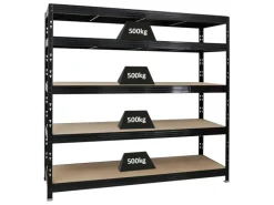 PROREGAL Regale Schwarz|Metallregale^Profi Schwerlastregal Rhino HxBxT 180 x 200 x 60 cm 5 Spanplatten-Ebenen 8mm Fachlast 500 kg