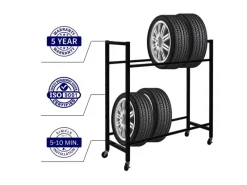 PROREGAL Regale Schwarz^Reifenregal CARERRA Auf Rollen HxBxT 115 x 111 x 40 cm Bis Zu 8 Reifen Auf 2 Ebenen Schwarz