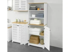 SoBuy Sideboards^Badezimmerschrank mit 3 Fächern und 2 Türen MDF Weiß BZR44-W