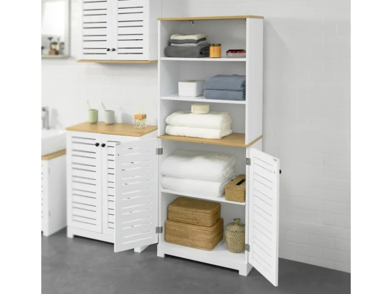 SoBuy Sideboards^Badezimmerschrank mit 3 Fächern und 2 Türen MDF Weiß BZR44-W