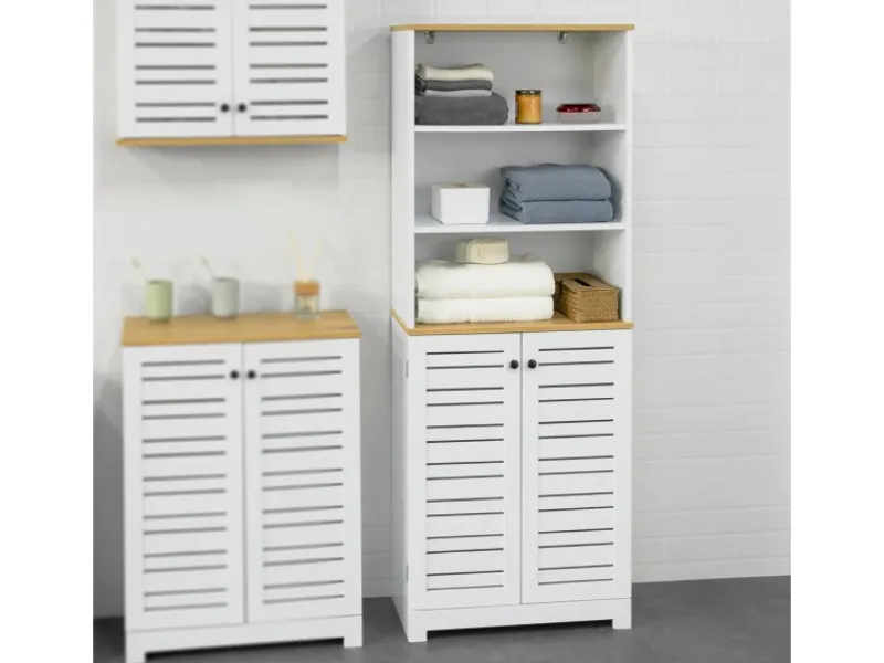 SoBuy Sideboards^Badezimmerschrank mit 3 Fächern und 2 Türen MDF Weiß BZR44-W