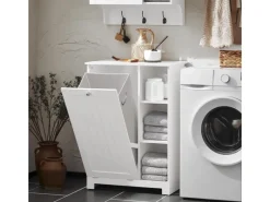 SoBuy Sitzbänke^Badschrank mit ausklappbarem Wäschesack Holz Weiß BZR105-W