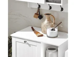 SoBuy Sitzbänke^Badschrank mit ausklappbarem Wäschesack Holz Weiß BZR105-W