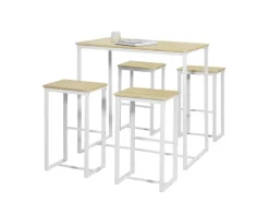 SoBuy Hocker^Bartisch Set 5-teilig Essgruppe Esstisch mit 4 Hockern Weiß-Natur OGT15-WN