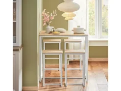 SoBuy Hocker^Bartisch Set 5-teilig Essgruppe Esstisch mit 4 Hockern Weiß-Natur OGT15-WN