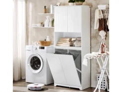 SoBuy Hochschrank Badschrank mit Wäschesack Wäscheschrank Weiß BZR150-W