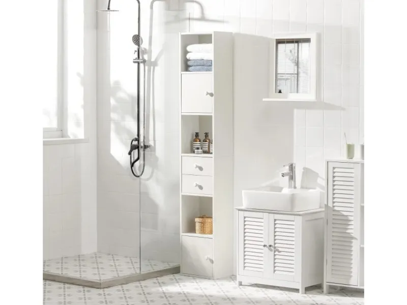 SoBuy Hochschrank mit Schubladen und Türen Holz Weiß STR10-W