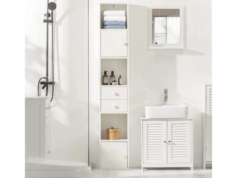 SoBuy Hochschrank mit Schubladen und Türen Holz Weiß STR10-W