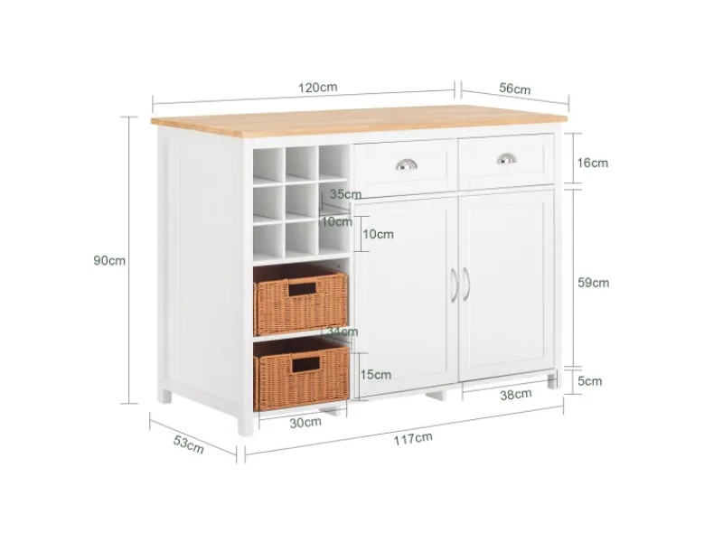 SoBuy Kücheninsel mit 2 Rattankörben Küchenschrank Sideboard Buffet KNL05-W