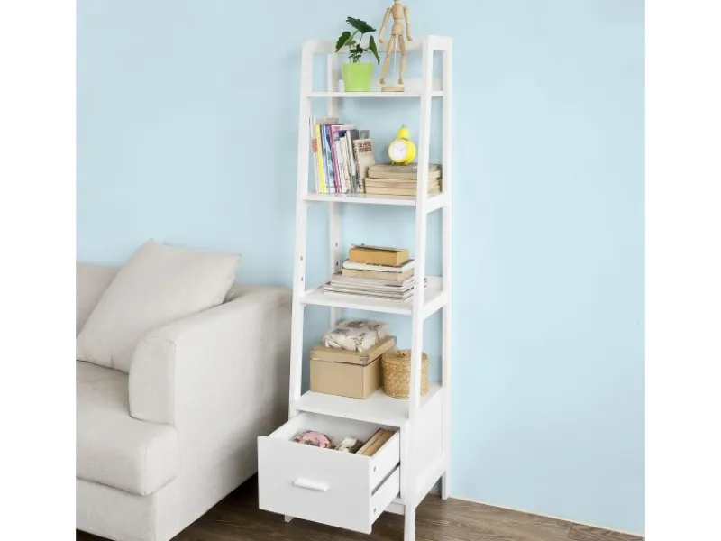 SoBuy Bücherregale^Leiterregal mit Ablagen und Schublade MDF Weiß FRG116-K-W