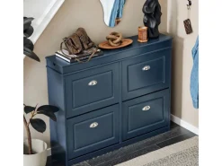 SoBuy Regale Massivholz^Schuhschrank mit 4 Klappen Schuhkommode MDF Schuhregal 105x82x24cm Blau FSR79-B