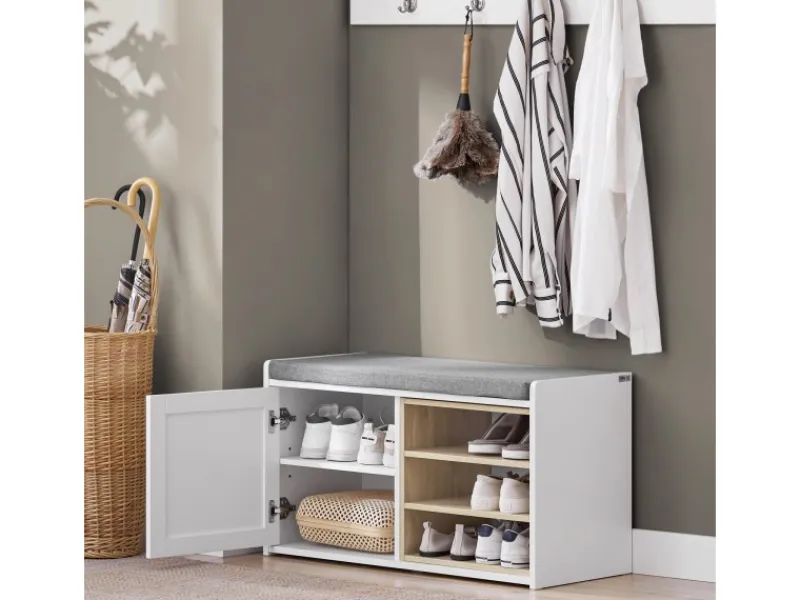 SoBuy Sitzbank mit Stauraum und Sitzfläche Weiß Holz FSR109-WN