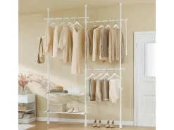 SoBuy Garderoben^Teleskop Kleiderständer mit 3 Kleiderstange und 2 Ablagen Garderobenständer Weiß FRG34-II-W