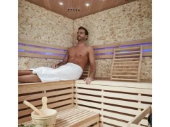 Home Deluxe Traditionelle Sauna SKYLINE BIG Tannenholz Natur XL mit Kunststeinwand