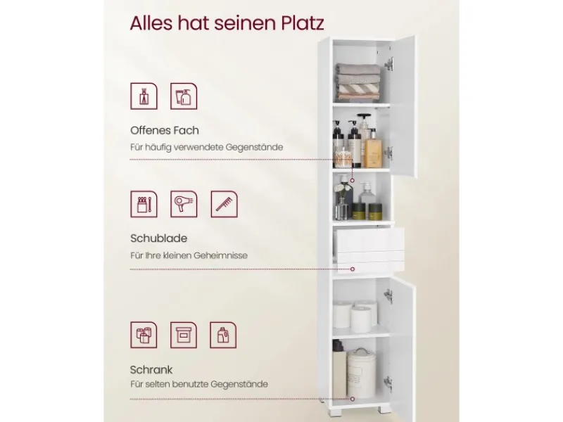 Vasagle Badezimmerschrank mit Schublade 30 cm x 30 cm x 170 cm Weiß