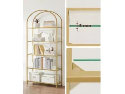 Vasagle Bücherregal 5 Ablagen Hartglas 30,2 cm x 83 cm x 183,5 cm Gold