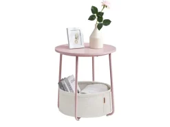 Tische^Vasagle Beistelltisch mit Stoff-Korb Ø 45 cm x 51 cm Rosa-Weiß