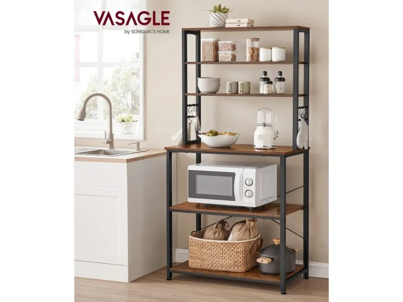Regale Massivholz|Aufbewahrung^Vasagle Küchenregal 6 Ebenen und 6 Haken 40 cm x 80 cm x 167 cm Braun-Schwarz