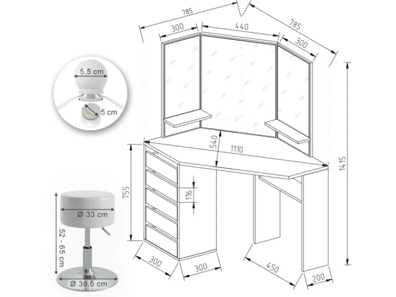 Vicco Eckschminktisch Arielle 110 cm mit Hocker