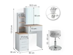 Vicco Schminktisch Conrada Weiß/Sonoma/Sonoma 36 cm mit LED Beleuchtung und Hocker
